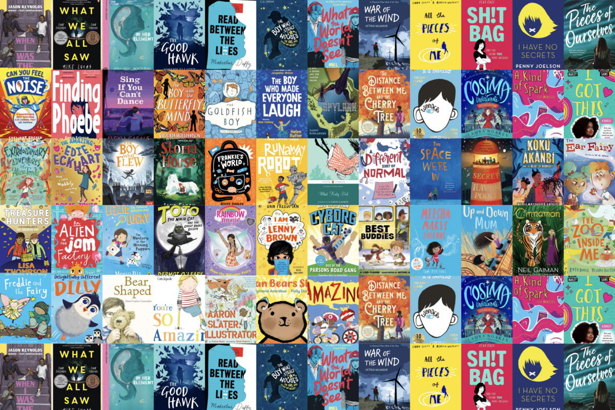 A collage of children's books in different colors.