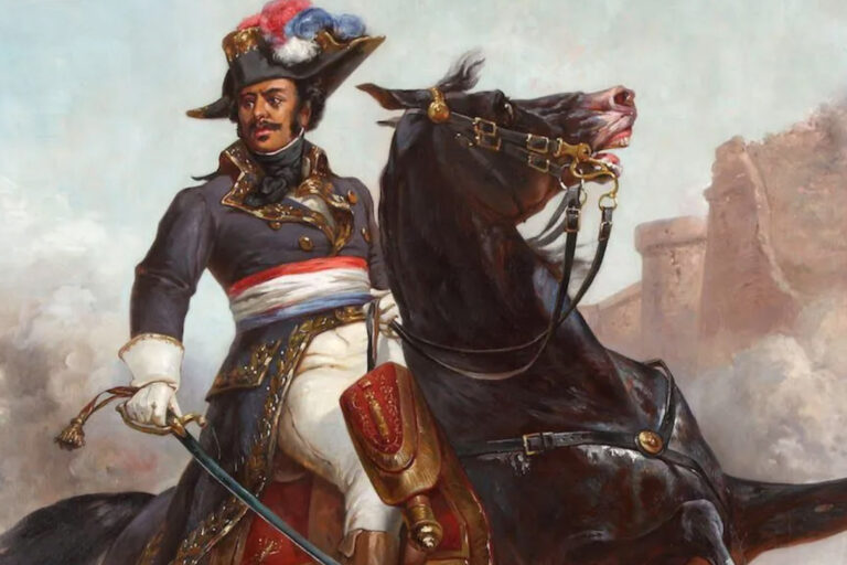 A painting of a military figure in historical uniform mounted on a black horse, surrounded by library shelves filled with books.
