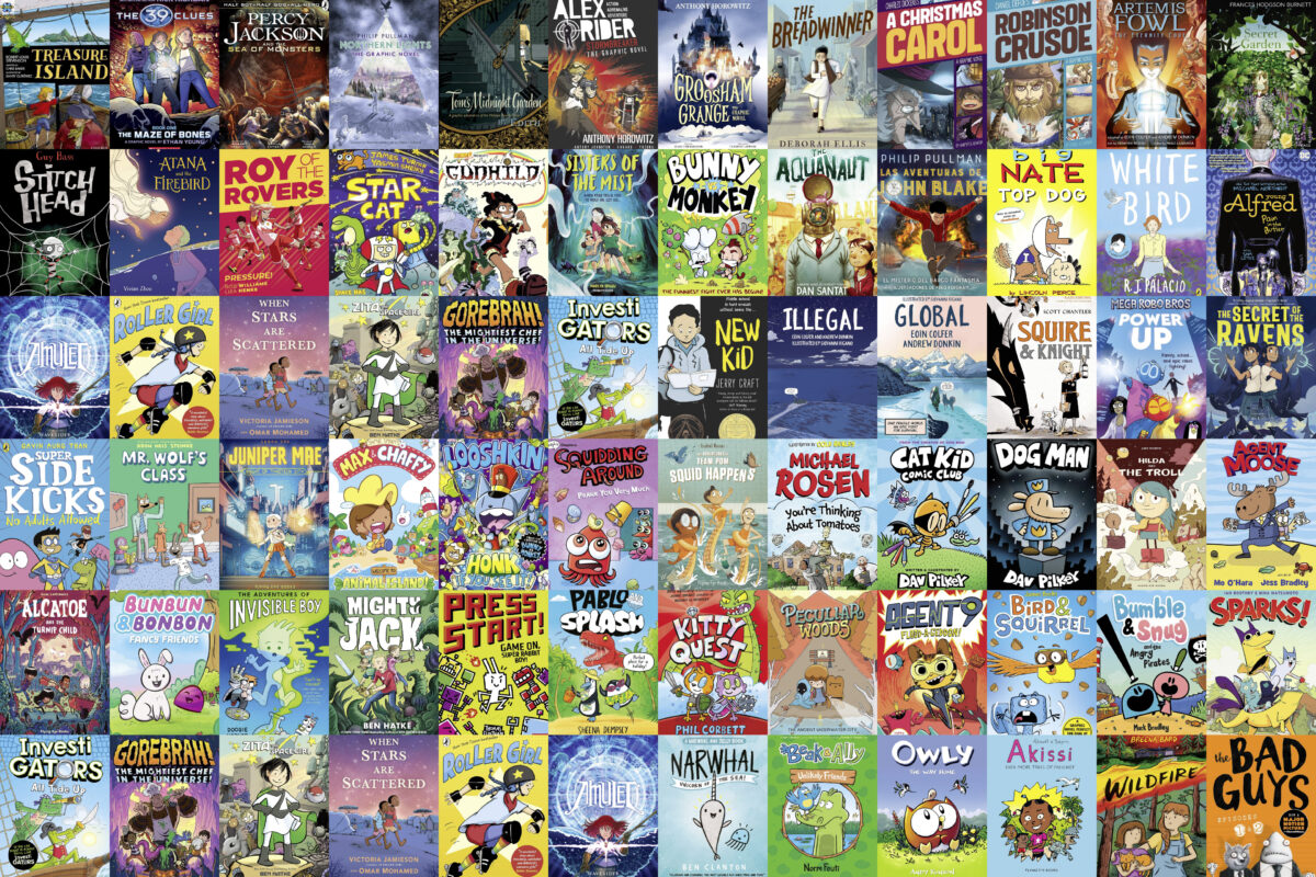 A colorful collage of various KS1 and KS2 graphic novels' covers.