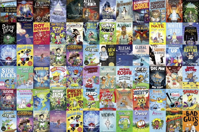 A colorful collage of various KS1 and KS2 graphic novels' covers.