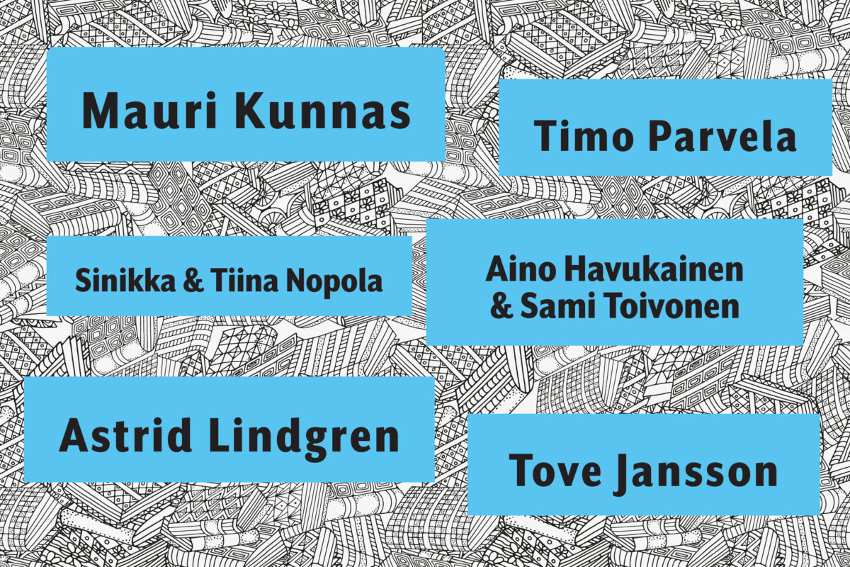 Illustration of a city map background with the names of various scandinavian authors presented in colorful text boxes.
