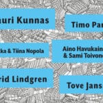 Illustration of a city map background with the names of various scandinavian authors presented in colorful text boxes.