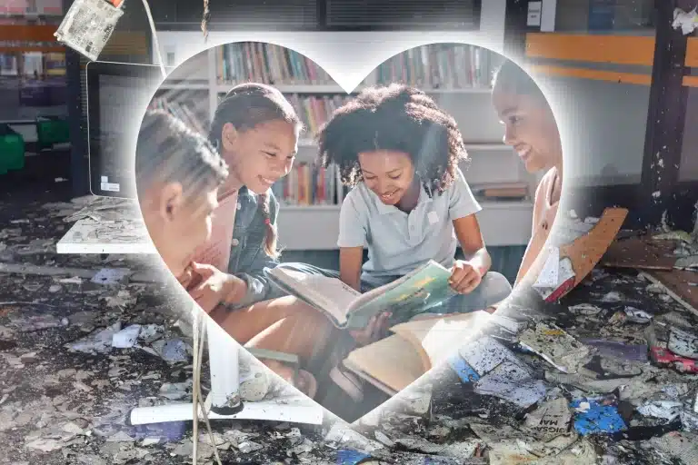 A heart-shaped cutout shows four young people reading books together, superimposed on a background of a damaged, cluttered room with debris on the floor. This poignant scene highlights the efforts of Spellow Community Library to restore peace and harmony in their troubled environment.