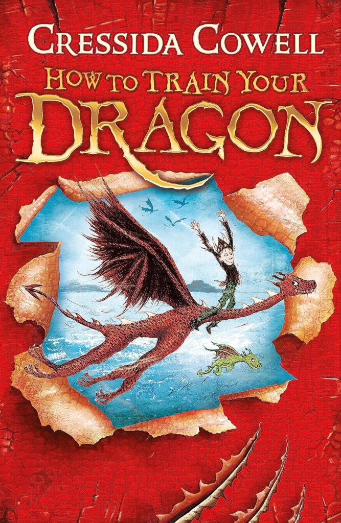 Cover of "How to Train Your Dragon" by Cressida Cowell, showcasing a boy riding a dragon over the ocean with a smaller dragon nearby, all set against a torn red background—it's like cinema magic coming soon to life near you.