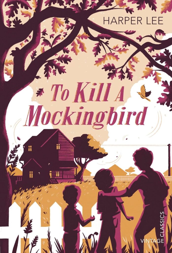 The cover of "To Kill a Mockingbird" by Harper Lee is reminiscent of classic cinema, featuring silhouettes of children, a house, and trees with a bird flying above.