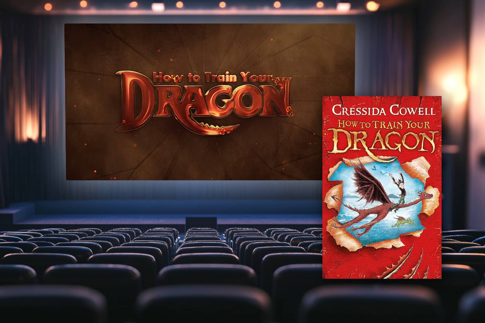 The book cover of "How to Train Your Dragon" by Cressida Cowell is artfully displayed in an empty cinema near you, with the big screen showcasing the same captivating title, creating a magical movie-like ambiance.