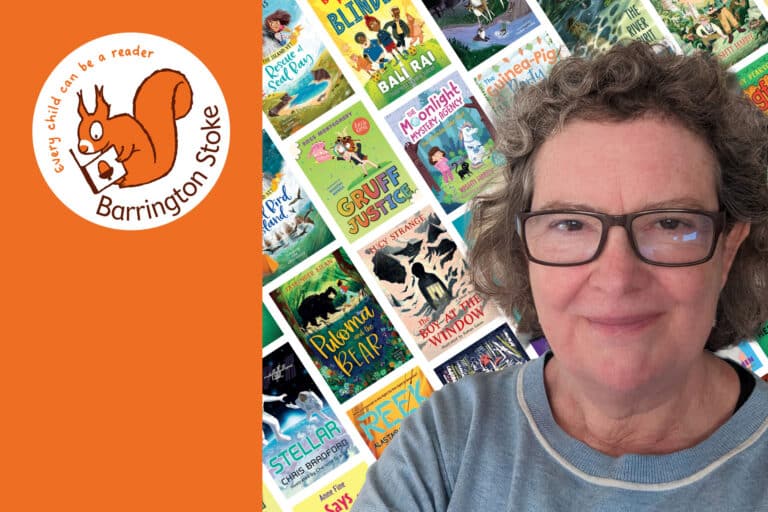 A person with glasses smiles in front of a colorful collage of children's book covers, embodying the joy of life with books. The Barrington Stoke logo featuring a squirrel is on the left side, adding to the vibrant scene.