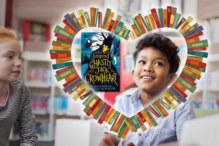 A child beams with joy in a library, surrounded by a heart-shaped frame of colorful books. Among them lies the enchanting "The Legend of Ghastly Jack Crowheart," part of the "Books Kids Love" collection and truly loved by all.