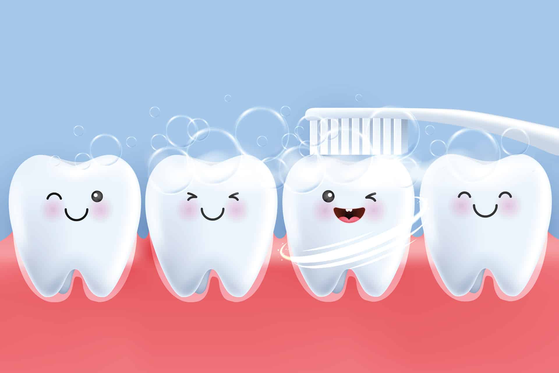 Illustration of four cartoon teeth with faces, two winking and one being brushed; bubbles surround them on a pink and blue background. Perfect for educating kids on children's dental health in a playful way.