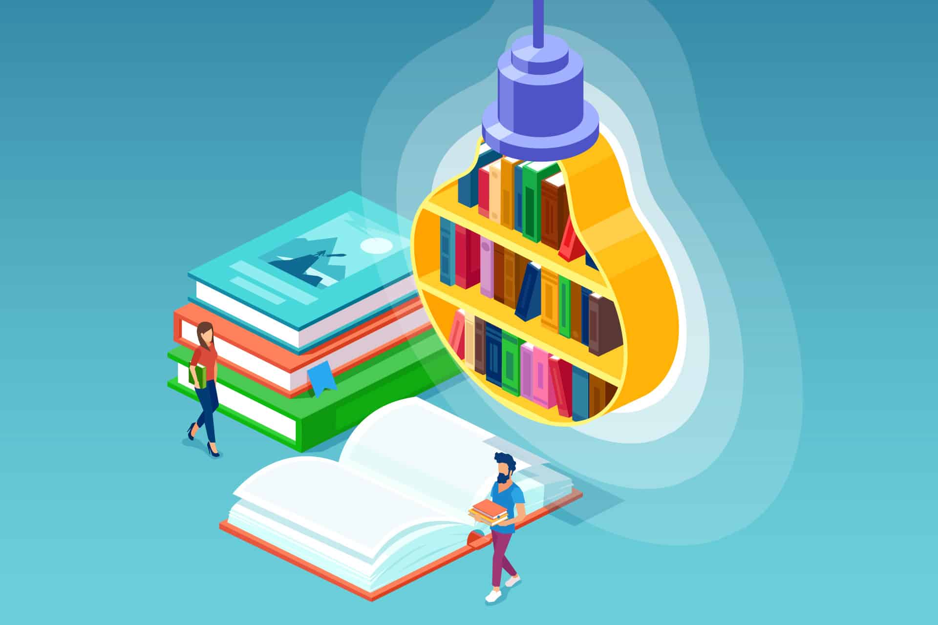 Illustration of people walking around large books, with a light bulb-shaped bookcase hanging above, symbolizing learning and knowledge in a vibrant library setting anticipating its next restock.