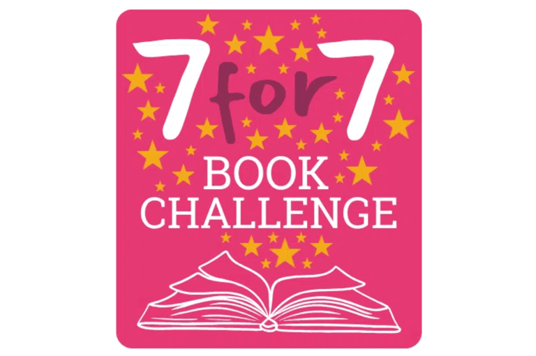 A pink graphic with yellow stars features the text "7 for 7 Book Challenge" above an open book illustration, perfect for inspiring your next reading adventure.