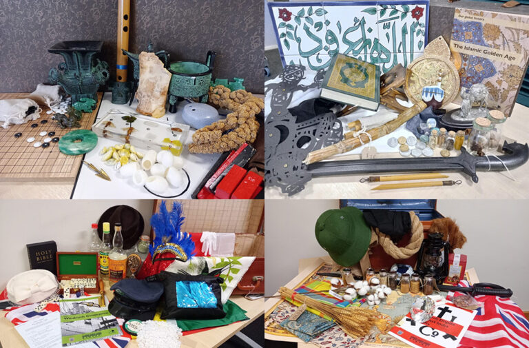 Four tables with various themed objects: ancient artifacts and minerals, Islamic art and weapons, travel items with drinks and hats, and a mix of historical and cultural memorabilia including flags and books.