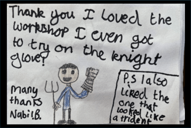 A handwritten thank you note with a drawing of a smiling person holding a knight's glove and trident, expressing enjoyment of an educational workshop—adding a real wow factor to learning in Schools.