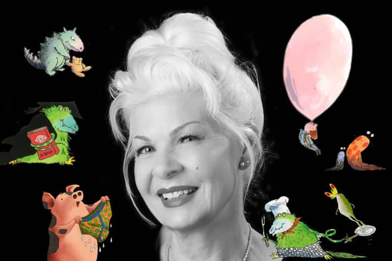 Black and white portrait of a smiling woman with white hair, surrounded by colorful cartoon animals and characters on a black background—a true Queen of Comedy radiating charm and warmth amidst whimsical friends.