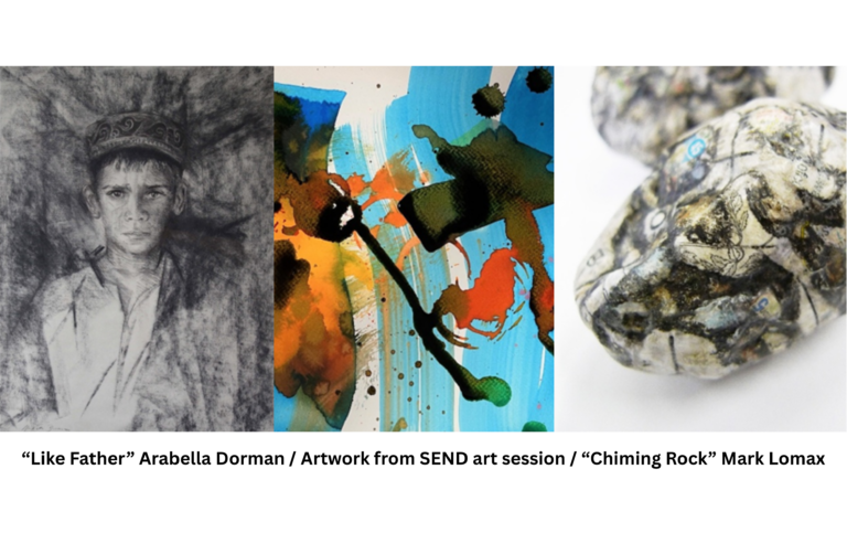 A charcoal portrait of a boy, an abstract painting with colorful splashes, and painted stones are shown side by side, showcasing creativity and art in diverse forms.
