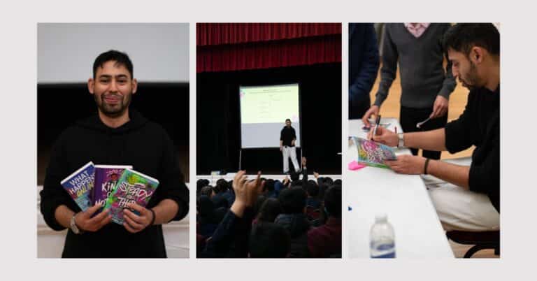 Nathanael Lessore inspires Redbridge students as he holds books, speaks to an audience in an auditorium, and signs books at a table during an event.