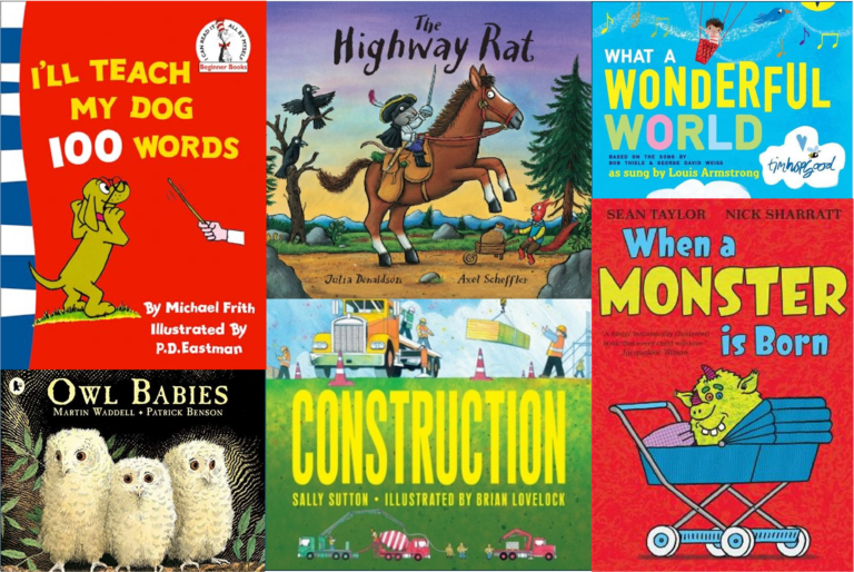 A collage of six children's book covers, each featuring colorful illustrations and titles such as "I'll Teach My Dog 100 Words" and "Owl Babies," celebrates the magic of storytelling in schools.