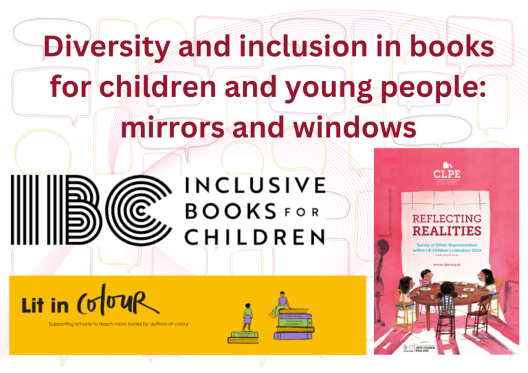 A promotional image displaying logos for Inclusive Books for Children and Lit in Colour, a CLPE book cover, and the text "Diversity and inclusion in books for children and young people: mirrors and windows.